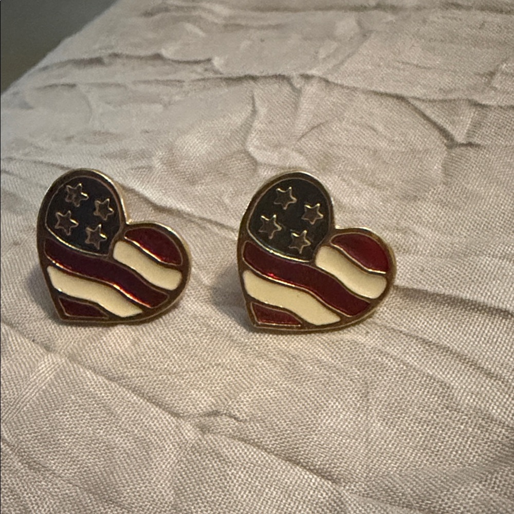 Vintage Avon Patriotic Heart Earrings - Red, White, Blue, Gold